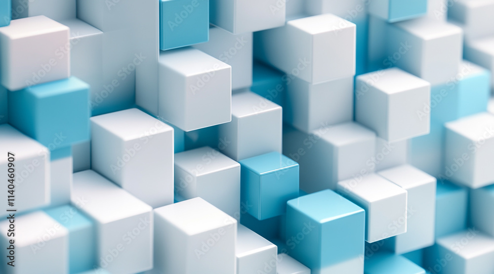 Fototapeta premium A blue and white wall made of cubes. The blue and white cubes are arranged in a pattern that creates a sense of depth and dimension. 