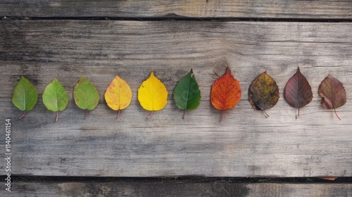 Changing Seasons: Leaves Transitioning from Green to Yellow and Red on Wooden Planks, Depicting Various Stages of Autumn
