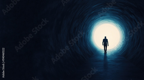 Journey into the Abyss, a figure steps into a tunnel, light diminishing, shadows enveloping, symbolizing uncertainty and an unknown future.