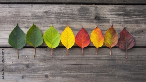 Changing Seasons: Leaves Transitioning from Green to Yellow and Red on Wooden Planks, Depicting Various Stages of Autumn
