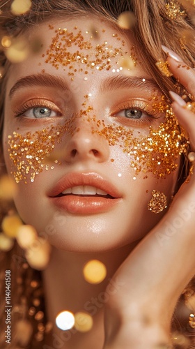 Captivating close-up of a woman's face with sparkling gold glitter makeup, showcasing mesmerizing eyes and flawless skin in a luxurious beauty portrait that exudes glamour and elegance.