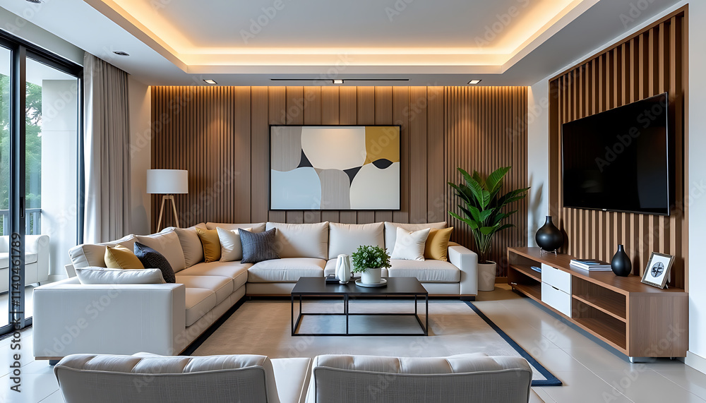 Fototapeta premium Multi-functional living space with a modular sofa and hidden storage. background copyspace