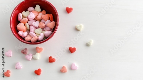 Red bowl filled with conversation heart candies on white table, scattered sweets around, perfect for Valentine's Day theme, vibrant and festive stock photo.

