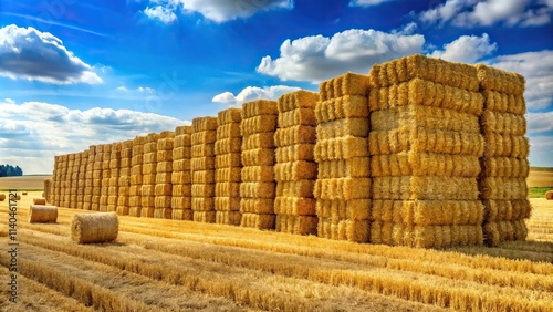 Stock photo of haystacks and hay bales in a field