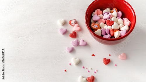 Red bowl filled with conversation heart candies on white table, scattered sweets around, perfect for Valentine's Day theme, vibrant and festive stock photo.
