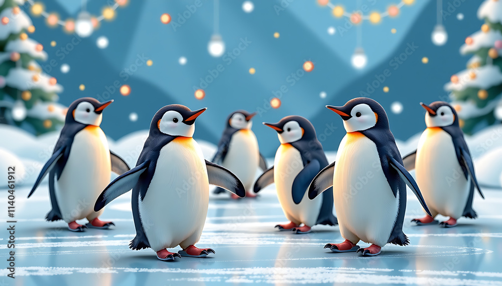 Obraz premium Ice Skating Penguins - A whimsical ice rink with playful penguins. background copyspace