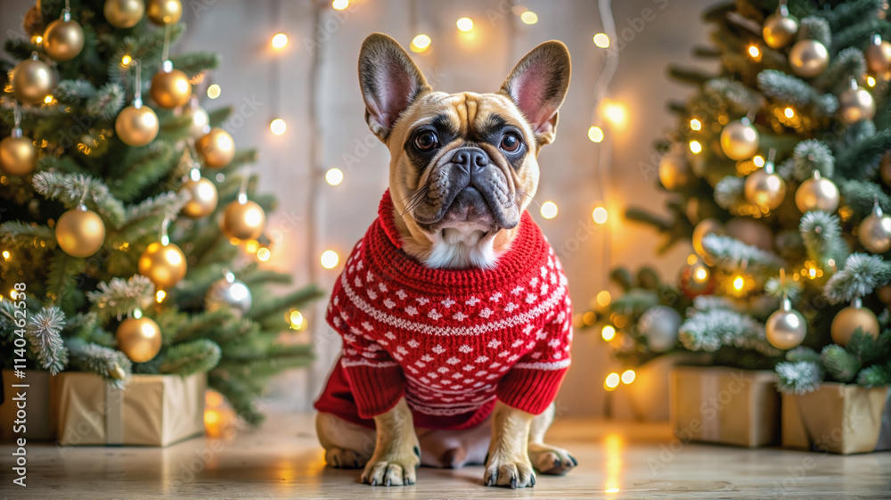 French bulldog in red sweater sitting between trees French bulldog in red sweater sitting between trees