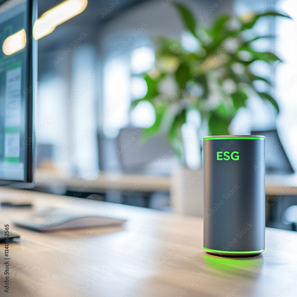 ESG concept. Smart device on a desk promoting ESG in a modern office environment. ESG concept. Smart device on a desk promoting ESG in a modern office environment.
