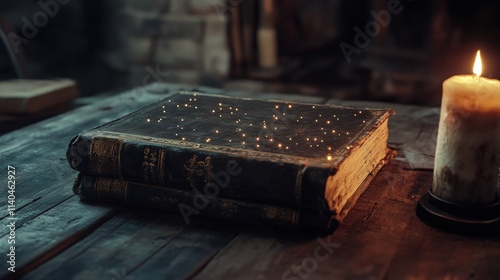 old book on a table next to a candle