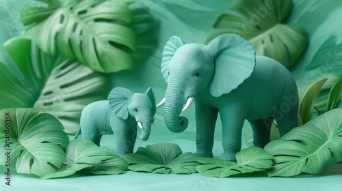 A Charming Scene of Two Playful Elephants Among Lush Green Tropical Leaves in a Vibrant Jungle Setting Perfect for Nature and Wildlife Themes photo