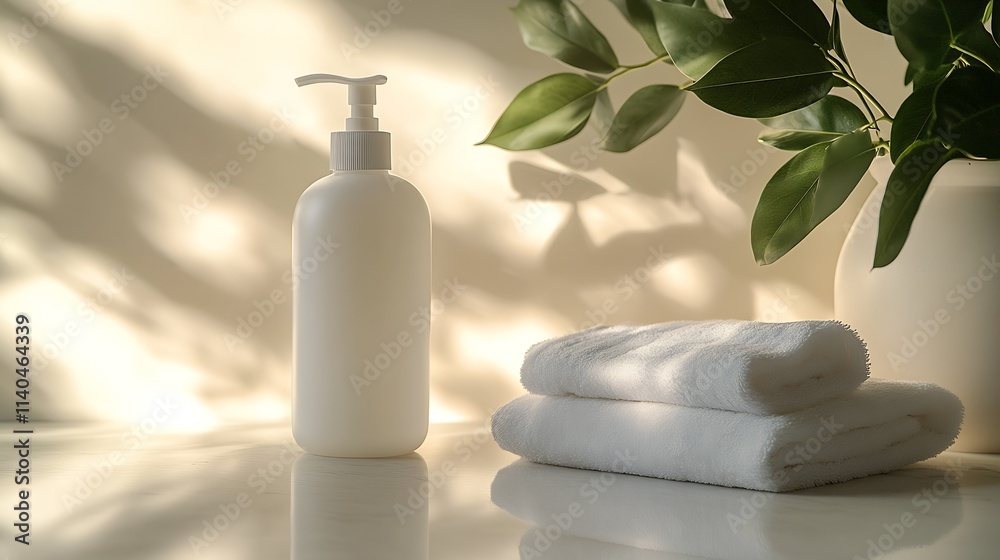 Minimalist bathroom aesthetic featuring a lotion or soap dispenser and folded towels with plant shadows : Generative AI Minimalist bathroom aesthetic featuring a lotion or soap dispenser and folded towels with plant shadows : Generative AI
