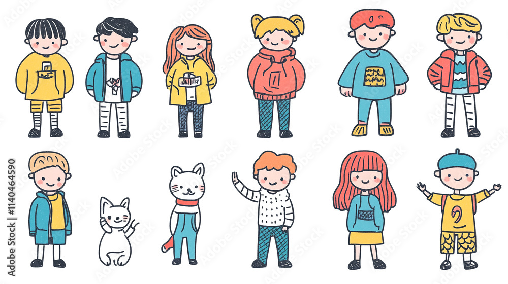 Set of drawn children in jackets, isolated on white background. Group of kids, illustration.
