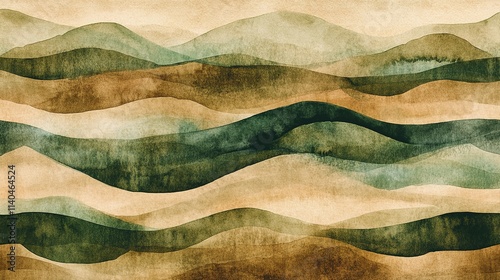 Surreal wavy hills in earthy tones, watercolor texture