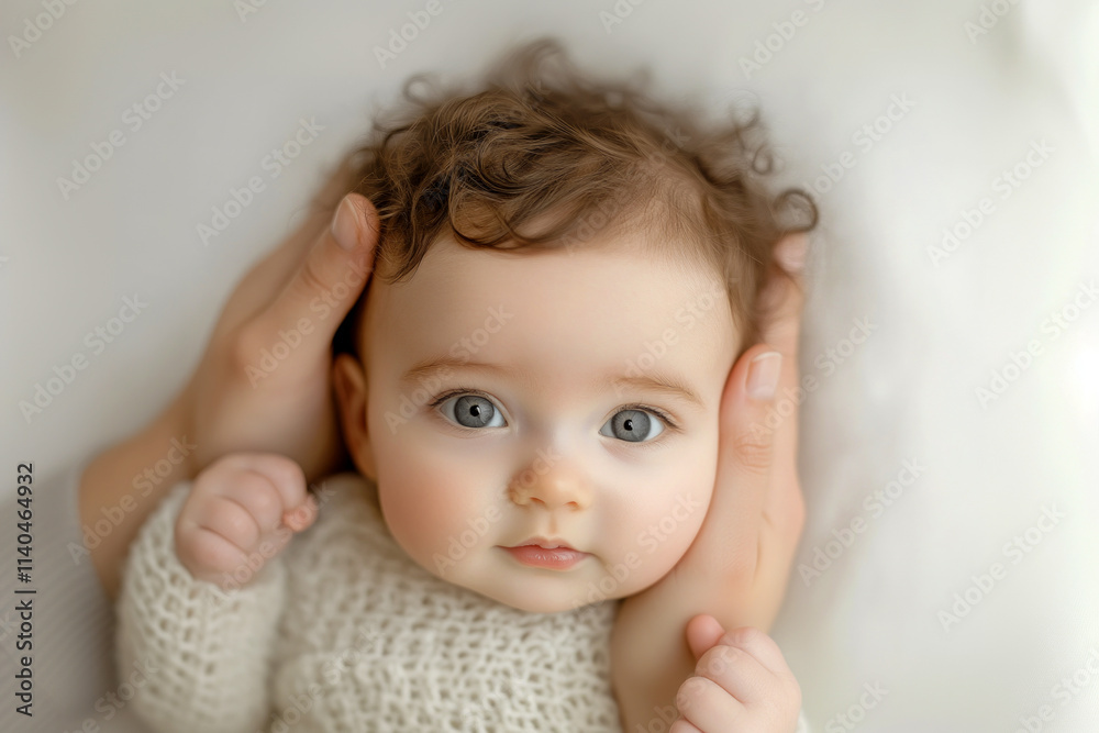 Adorable Baby with Curly Hair and Big Eyes Looking Forward Adorable Baby with Curly Hair and Big Eyes Looking Forward