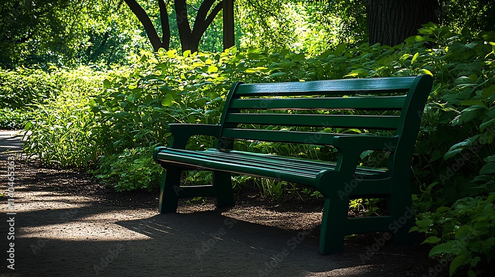 Quiet Green Park Bench Surrounded by Lush Summer Greenery : Generative AI Quiet Green Park Bench Surrounded by Lush Summer Greenery : Generative AI
