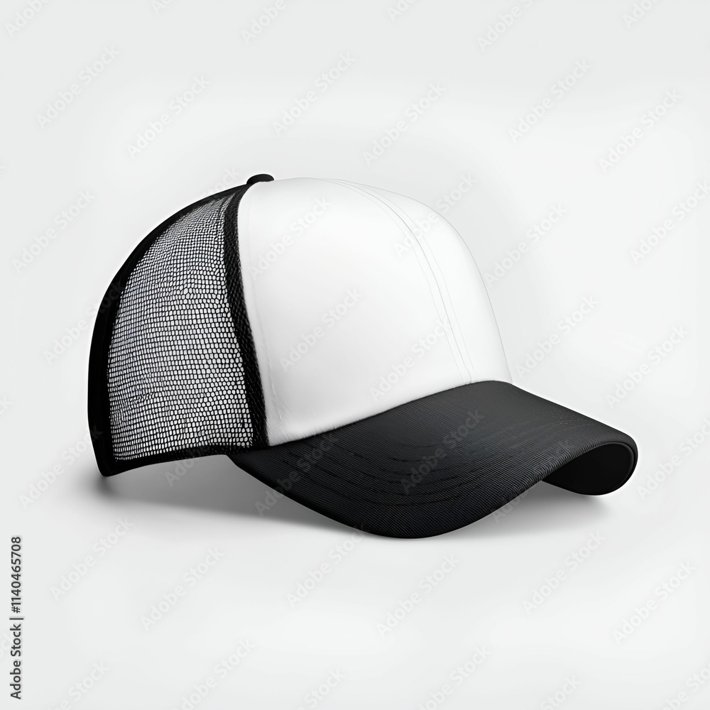 Trucker Hat Mockup concept. Classic trucker cap with a white front and black mesh back, perfect for casual wear. Trucker Hat Mockup concept. Classic trucker cap with a white front and black mesh back, perfect for casual wear.