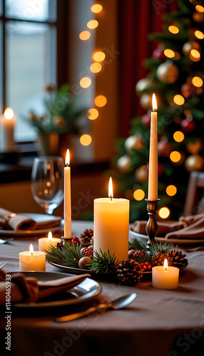 Candlelit Dinner in Mocha Mousse Tones - Warm lighting with festive decorations. background copyspace photo