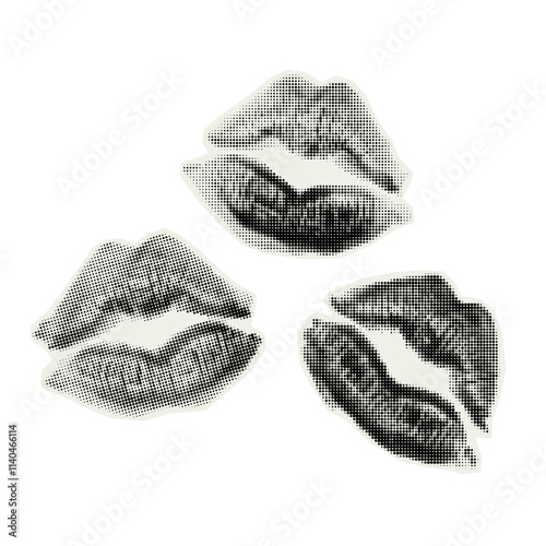 Vector kiss. Trendy retro element with a halftone effect for collage, poster, banner, cover design.