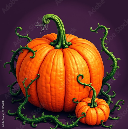 Halloween pumpkins with whimsical green vines on purple background photo