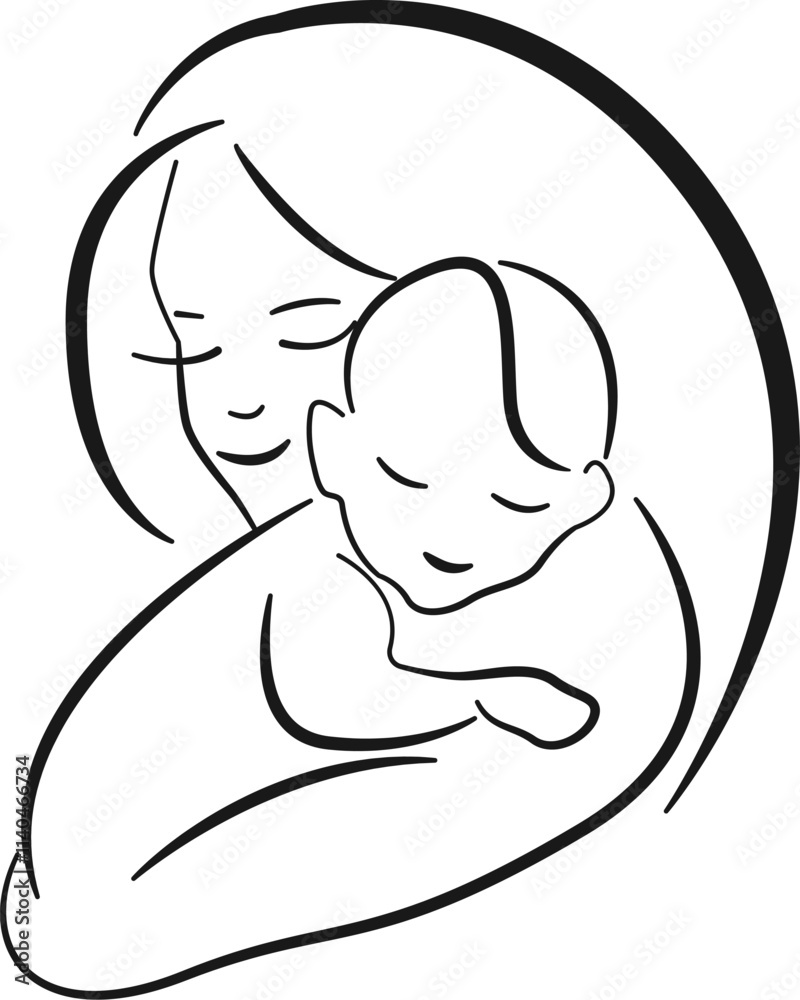 Obraz premium Mother with Newborn Child Line Art Drawing. Happy Family Sketch Linear Drawing. Baby Abstract Minimal Silhouette Vector Illustration. Mother`s Day Trendy Contour Drawing