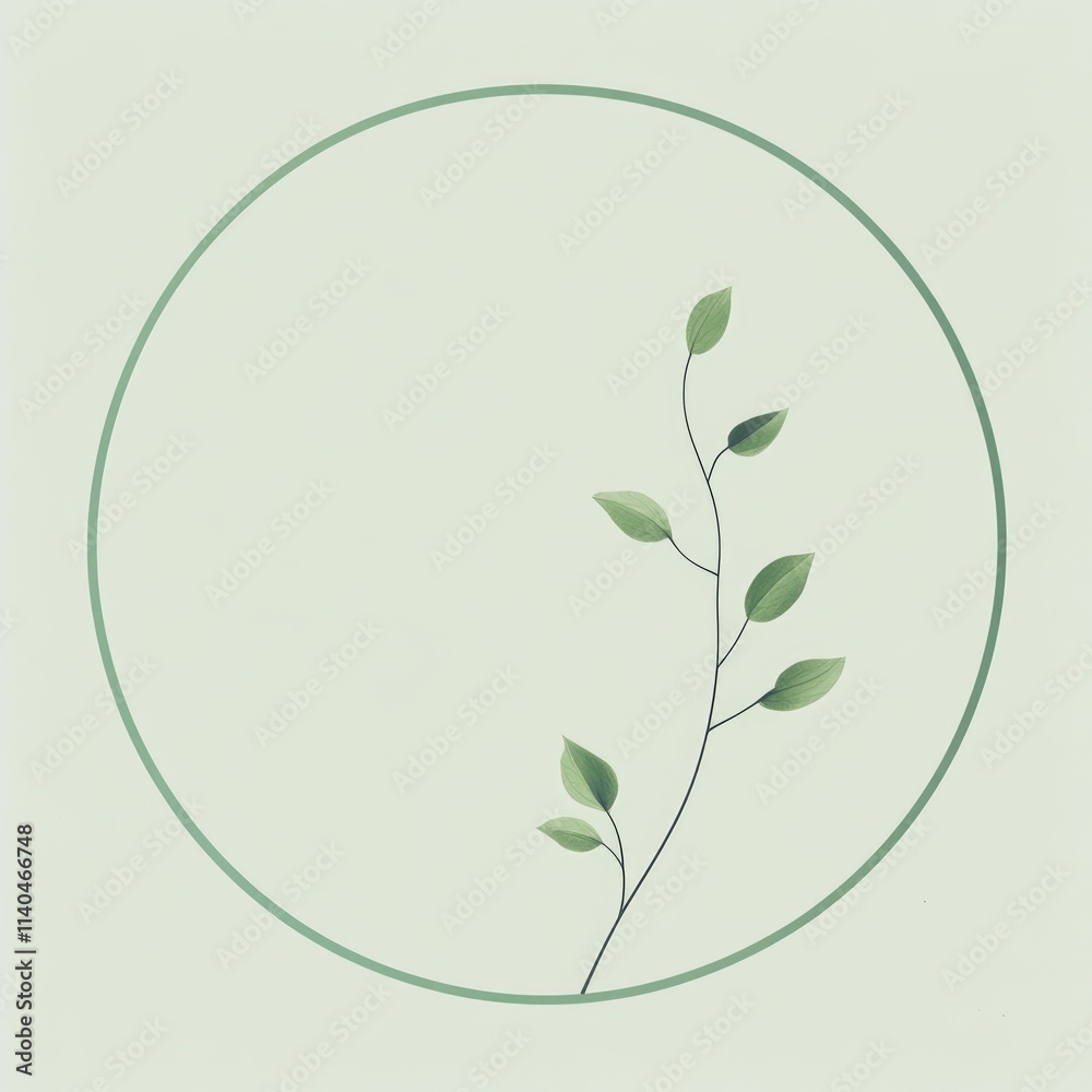 Minimalist Branch with Green Leaves in a Circular Frame Minimalist Branch with Green Leaves in a Circular Frame