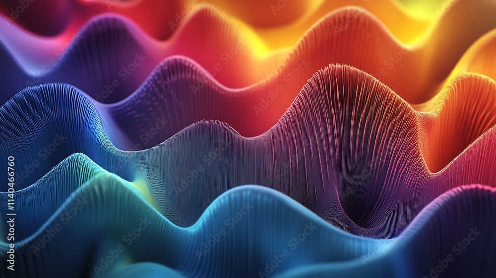 Fototapeta premium Vibrant Rainbow Waveforms: A 3D Rendered Abstract Landscape. AI Generated