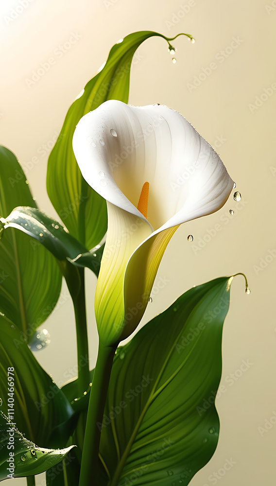 Obraz premium Beautiful Calla Lilies in the morning, bathed in soft sunlight. The elegant white petals and vibrant green leaves create a serene and aesthetic scene. Created With Generative AI.