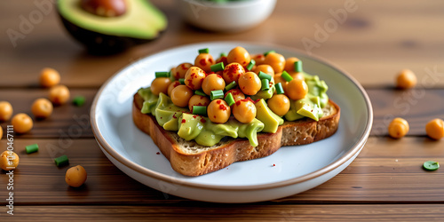 Chickpea and Avocado Toast - Toasted bread topped with mashed chickpeas avocado and a sprinkle of paprika. backdrop background digital art crisp oilpinting minimalist sharp details funny background 