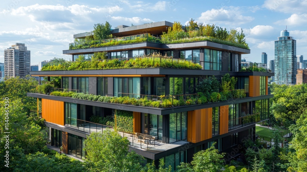 A tall building with a green roof and a balcony