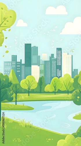 Actual illustration vector city landscape with buildings, trees and green hills on blue background flat design Vector Illustration