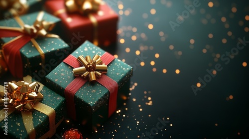 Wallpaper Mural Red and Green Gift Boxes Decorated with Golden Ribbons Against Glowing Lights Creating a Festive Holiday Scene Torontodigital.ca