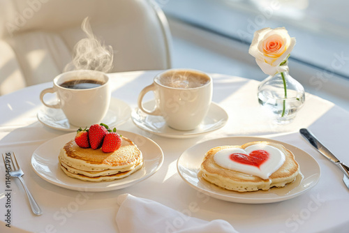 Wallpaper Mural Romantisches Frühstück mit Herz-Desserts, Pancakes und Cappuccino im Sonnenschein Torontodigital.ca