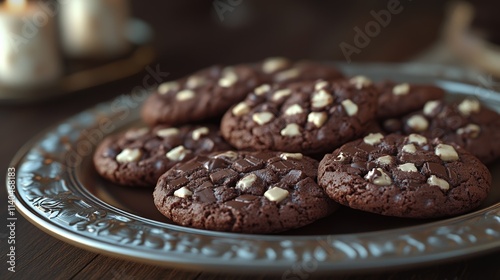 Double Chocolate Cookies on Elegant Plate with Warm Lighting for Delicious and Stylish Dessert Presentation