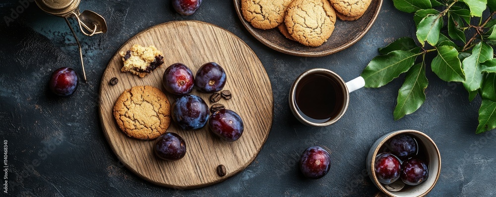 Breakfast served with coffee, cookies and plums Breakfast served with coffee, cookies and plums