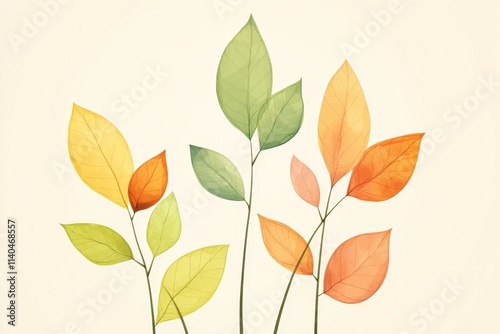 Vector flat style autumn/spring leaves in pastel colors on beige, ideal for web, print, and social media branding