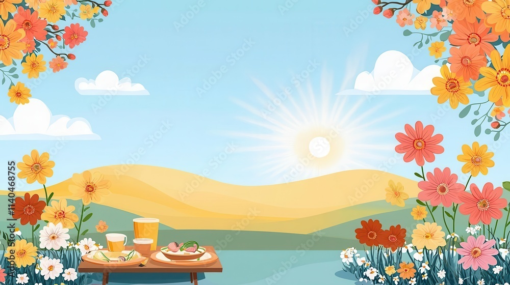 Fototapeta premium Blooming flowers and sunny skies, springtime picnic scene, flat design illustration