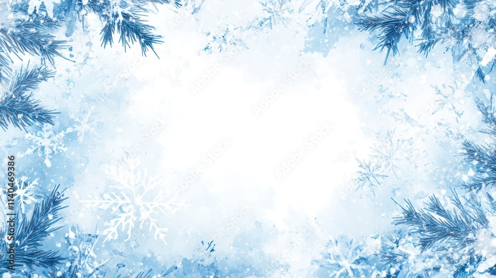 Festive Blue Winter Frame with Snowflakes and Pine Branch Borders for Holiday Greetings and Christmas Cards Festive Blue Winter Frame with Snowflakes and Pine Branch Borders for Holiday Greetings and Christmas Cards
