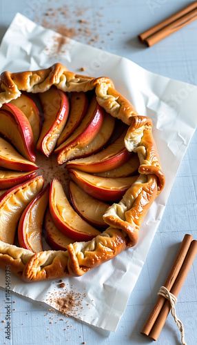 Roasted Apple and Cinnamon Galette - A rustic freeform apple galette with cinnamon sugar and flaky pastry. background copyspace photo