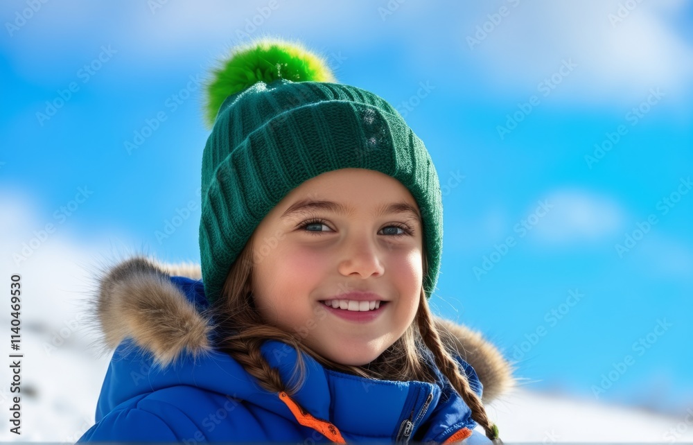 Child enjoying a sunny winter day in the mountains, wearing a green hat and a blue jacket with a cheerful smile on their face Child enjoying a sunny winter day in the mountains, wearing a green hat and a blue jacket with a cheerful smile on their face