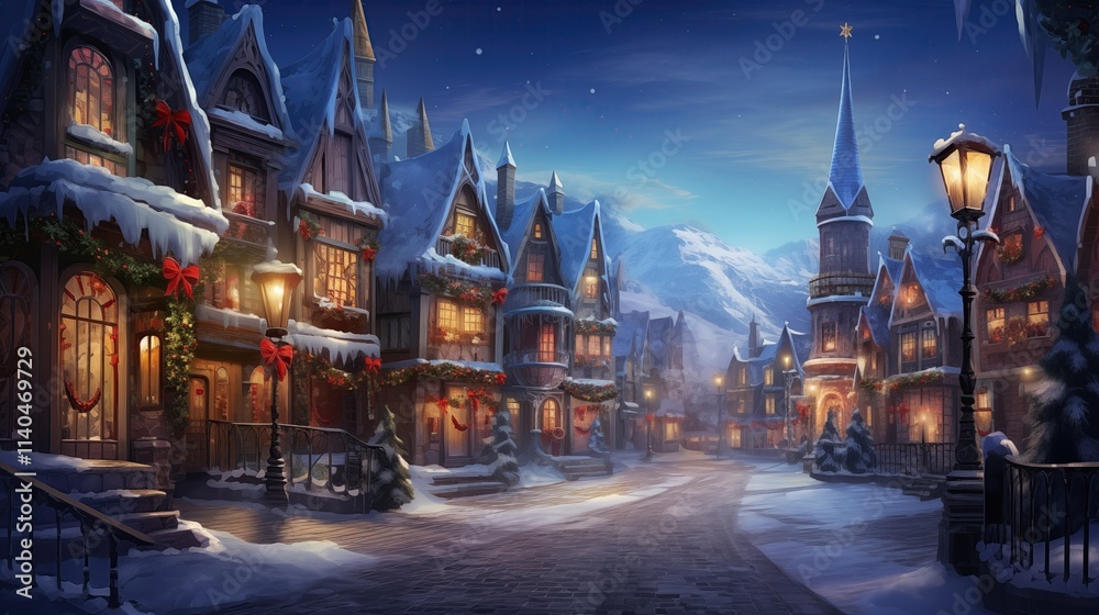 Cozy Winter Town Street with Festive Lights Cozy Winter Town Street with Festive Lights