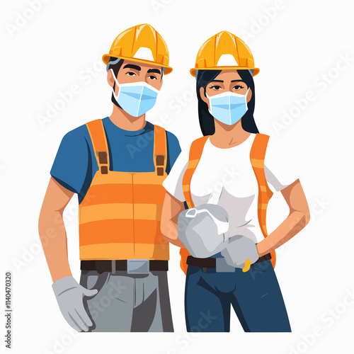 Professional builders couple wearing face mask for COVID-19 protection photo