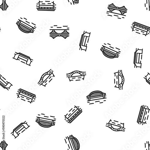 bridge city building road river vector seamless pattern thin line illustration