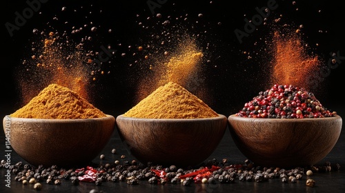 Fototapeta Naklejka Na Ścianę i Meble -  Spicy spice powders and peppercorns exploding in wooden bowls.