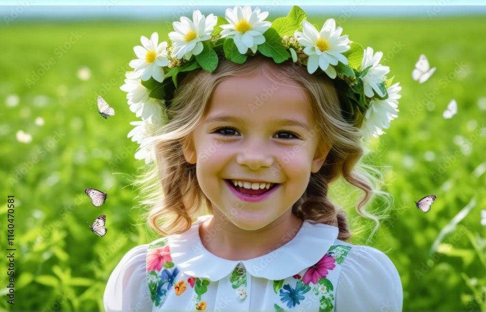 Smiling girl in floral crown enjoys a sunny day in a green field surrounded by butterflies Smiling girl in floral crown enjoys a sunny day in a green field surrounded by butterflies