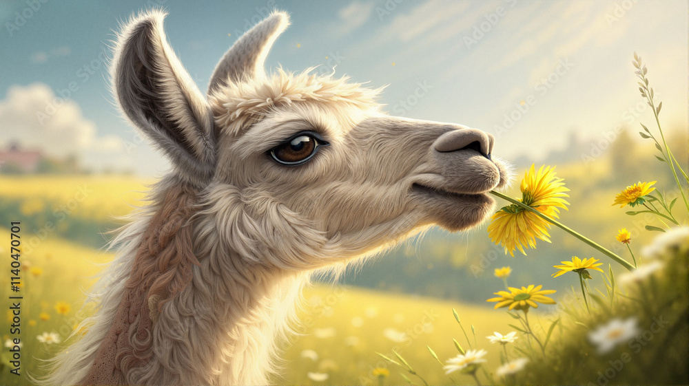 Obraz premium Llama close-up in sunny meadow with yellow flowers