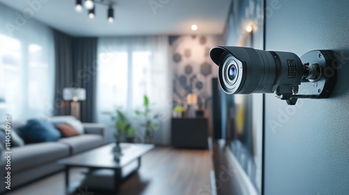 A camera is mounted on a wall in a living room