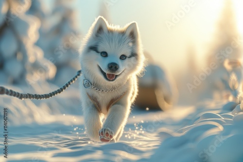 A joyful husky dog running through a snowy forest, showcasing its energy and happiness under a bright winter sun.