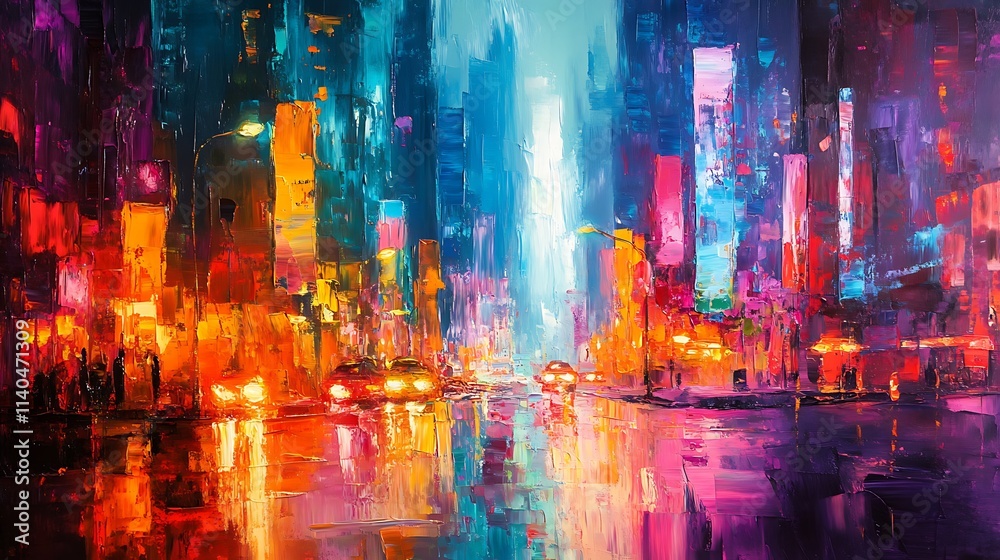 Fototapeta premium Vividly painted city lights reflected in wet street abstract digital art. AI Generated