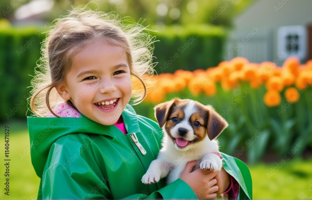 Child enjoys a sunny day in the garden with a puppy surrounded by blooming flowers Child enjoys a sunny day in the garden with a puppy surrounded by blooming flowers