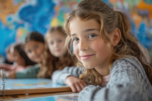 A smiling schoolgirl seated at a desk with friends blurred in the background, capturing a cheerful classroom atmosphere.